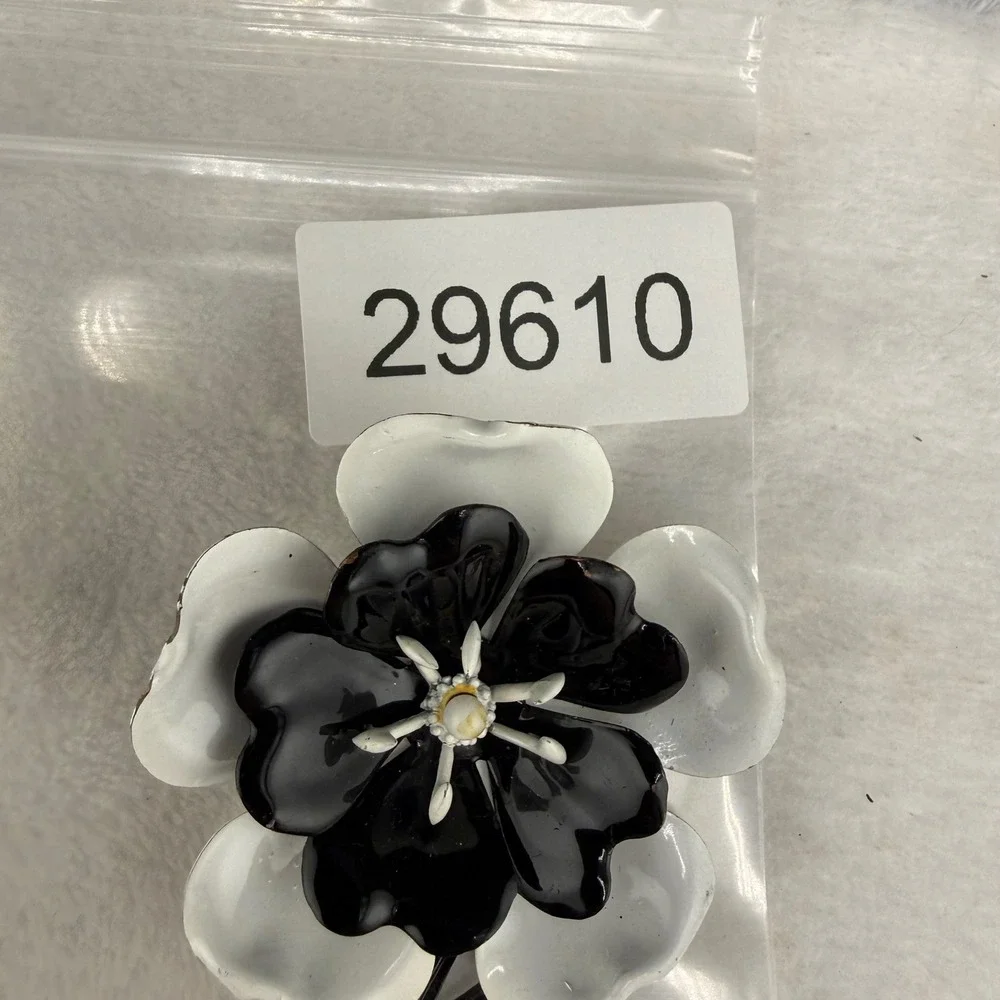 Vintage Enamel Flower Brooch Black White Layered Floral Pin  Mod Pop Art